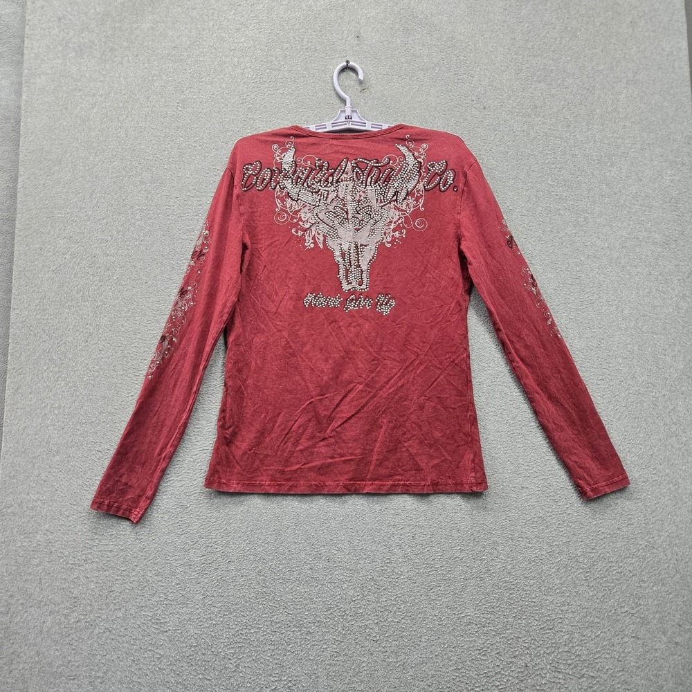 Cowgirl Tuff Co. Women Shirt L Red Western Studded Cow Skull Logo Graphic Henley